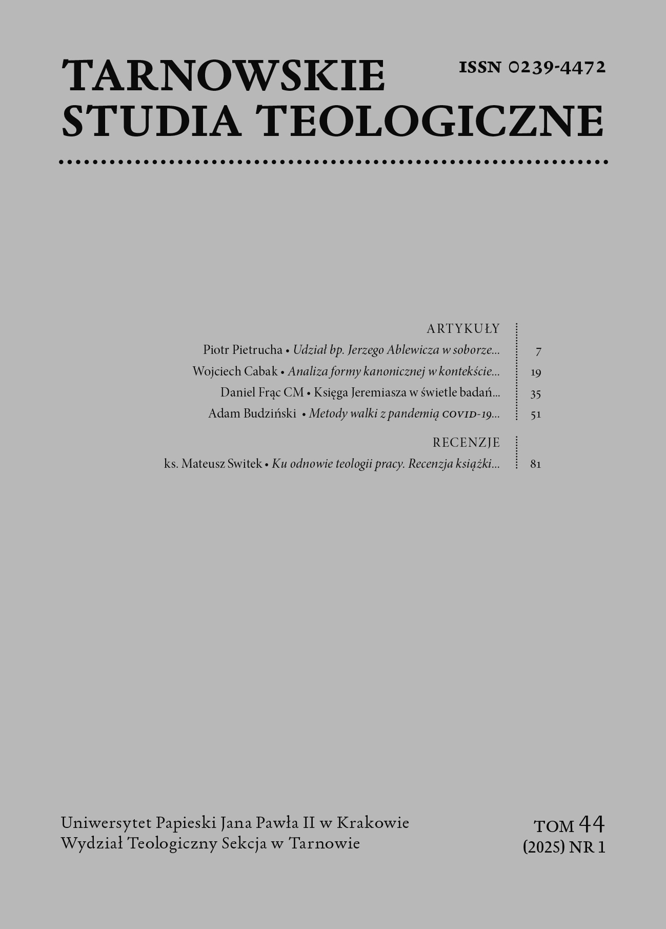 Tarnowskie Studia Teologiczne, tom 44 (2025) nr 1 - okładka