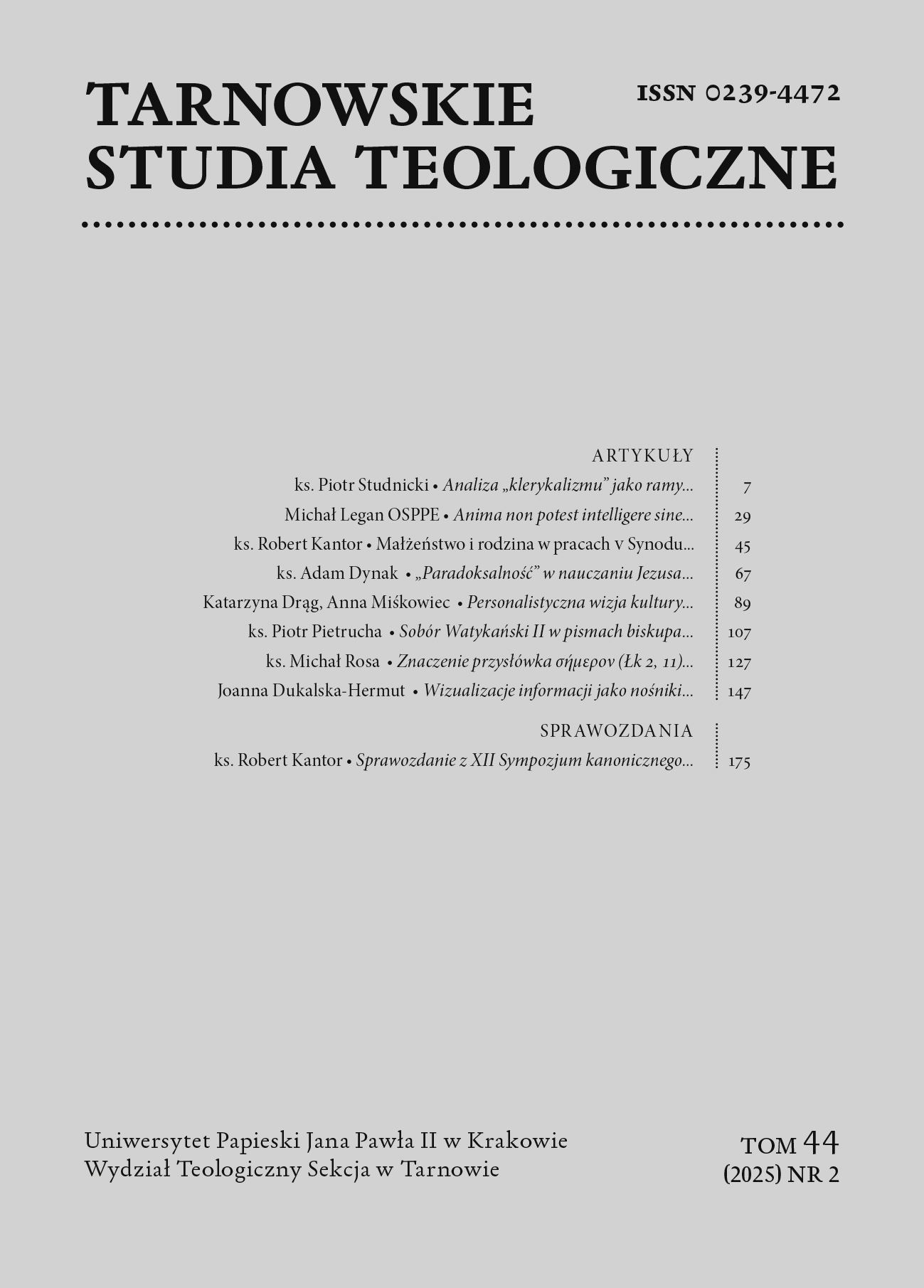 Tarnowskie Studia Teologiczne, tom 44 (2025) nr 2 - okładka